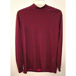 Lands' End Berry Red Navy Houndstooth 100% Cotton Relaxed Fit Mock Neck Sz L EUC